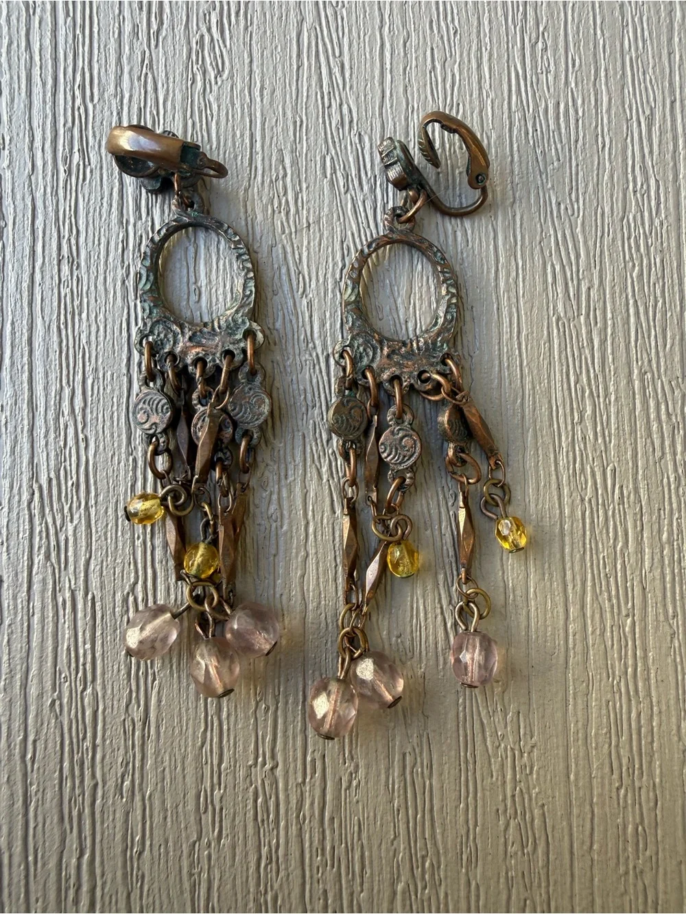 Vintage Chandelier Clip-On Earrings Rhinestone Beaded Dangle 3”